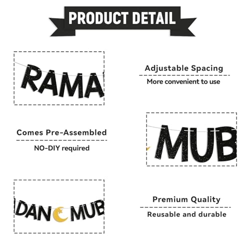 Ramadan Mubarak Banner - Eid Festival Muslim Islam Party Decoration, Ramadan Kareem Decor, Ramadan Banner with Moon and Star for Islamic Eid Decoration Black Glitter