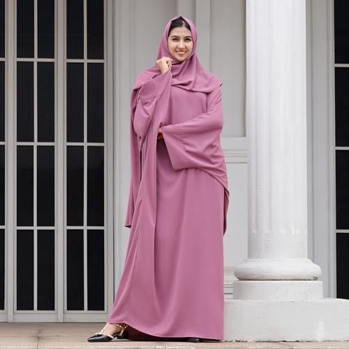 IDOPIP Abayas for Women Muslim Dress with Hijab, One-Piece Long Sleeve Islamic Prayer Dress with Khimar Jilbab Kaftan Clothes - color: Purple + Hijab