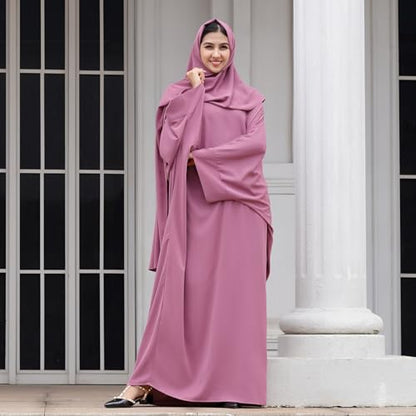 IDOPIP Abayas for Women Muslim Dress with Hijab, One-Piece Long Sleeve Islamic Prayer Dress with Khimar Jilbab Kaftan Clothes - color: Purple + Hijab