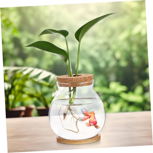 GANAZONO Mini Glass Fish Bowl with Wood Lid, Hydroponic Small Aquarium 10x11cm, Desktop Betta Fish Tank with Mat for Home and Office Decor