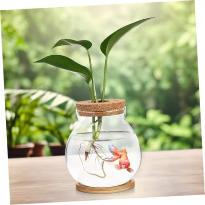 GANAZONO Mini Glass Fish Bowl with Wood Lid, Hydroponic Small Aquarium 10x11cm, Desktop Betta Fish Tank with Mat for Home and Office Decor