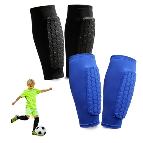 2 Pairs Shin Guards Soccer Kids,Soccer Shin Guards Youth for Boys Girls Protective Gear,Calf Compression Sleeve with Honeycomb Pads for Pickleball Football Ski MTB - color: Black+Blue, size: X-Large