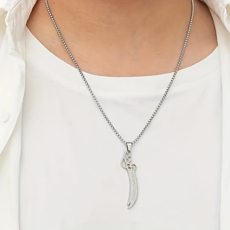 Islamic Quran necklace, Ali's Eye knife-shaped pendant, hip-hop punk stainless steel necklace, men's amulet religious jewelry gift - color: silver
