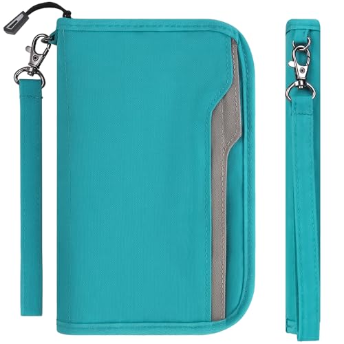 ZOPPEN Passport Holder Family RFID Passport Wallet, Passport Holder Women/Men, Travel Wallet Documents Organizer Zipper Case with Removable Wristlet Strap, Travel Essentials for Flying - color: Turquoise Green