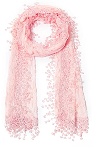 Cindy & Wendy Lightweight Soft Leaf Lace Fringe Scarf Bridal Shawl for Women - color: Peach Pink