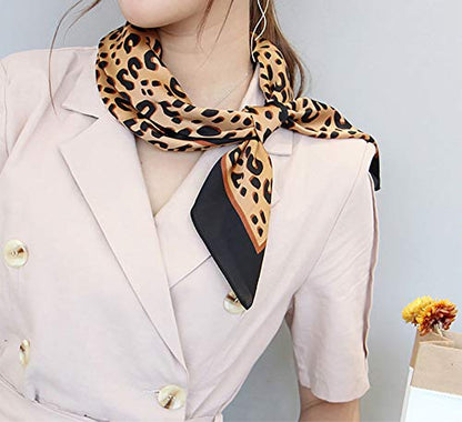 FONYVE Silk Feeling Scarf Medium Square Satin Head Scarf for Women 27.5 × 27.5 inches - color: 02 Leopard Black Brown