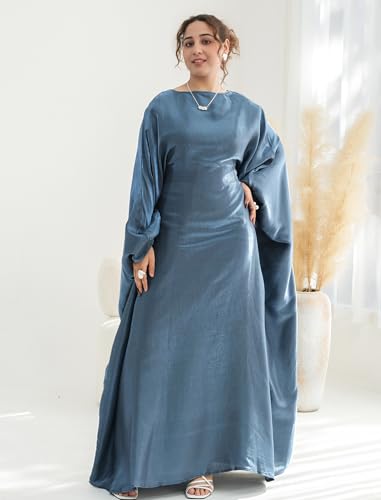 Dubai Bat Sleeve Dress Shiny Robe for Women Muslim 1pc Abaya Eid Prayer Clothes Soft Dubai Travel Party Dress Maxi Abaya - color: Blue Greya, size: Large