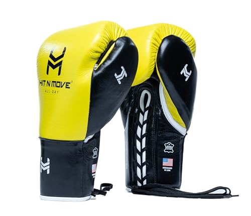 HIT N MOVE All Day Pro Balance Sparring and Bag Boxing Gloves LACE UP, Boxing Gloves Men & Women, Boxing Equipment, Sparring & Bag Gloves for Boxing, Kickboxing, Muay Thai, MMA - color: Yellow/Black, size: 14 OZ