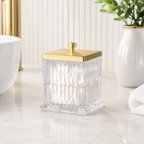 Vince Camuto Home Glass Cotton Jar Holder – Matte Gold Lid, Elegant Bathroom Storage Canister for Qtips, Cotton Balls, Floss, Makeup Organizer, Vanity & Bathroom Organization - color: CLEAR GLASS MATTE GOLD LID