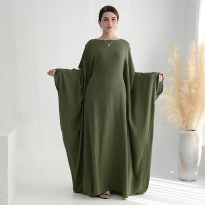 ODIZLI Abayas For Women Muslim Dubai Full Cover Kaftan Shirt Dress Batwing Sleeve Prayer Dress With Hijab - color: Army Green + Hijab, size: One Size