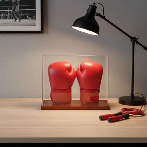 Boxing Glove Display Case 2 Glove - No Assembly Acrylic Clear Showcase with Wood Base - 2 Glove Holder - UV Protection Souvenirs and Collectibles Box