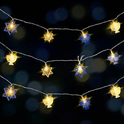 Glooglitter 2 Pcs 10ft Hanukkah String Lights Indoor Decor Battery Powered Lights String for Chanukah Ramadan 4th of July Bedroom Window Party(Hexagon)