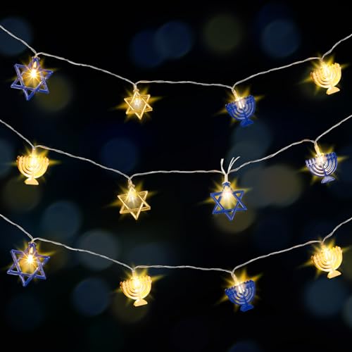 Glooglitter 2 Pcs 10ft Hanukkah String Lights Indoor Decor Battery Powered Lights String for Chanukah Ramadan 4th of July Bedroom Window Party(Hexagon)