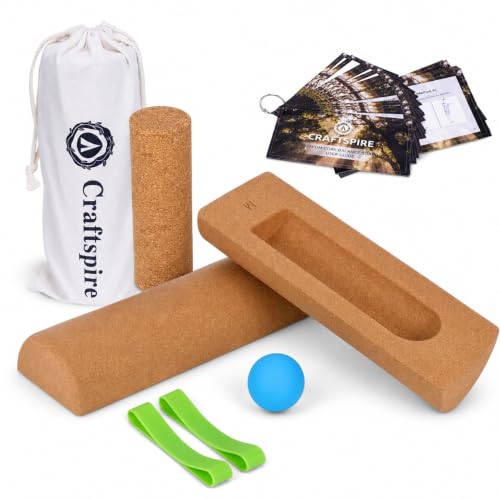 Cork Balance Board 4-in-1 Foot and Ankle Strengthener Kit | Natural cork kit with roller, ball, toe bands, guide and log for foot strength, ankle stability, mobility and balance