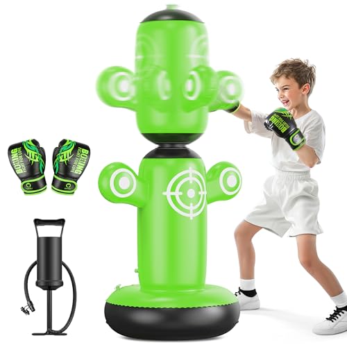 QPAU 360° Rotatable Punching Bag for Kids, Lager 64” Kids Punching Bag with Gloves, Hand Pump & 6 Targets, Bop Bag Inflatable Punching Toy, Karate Gifts for Boys, Girls - color: Green