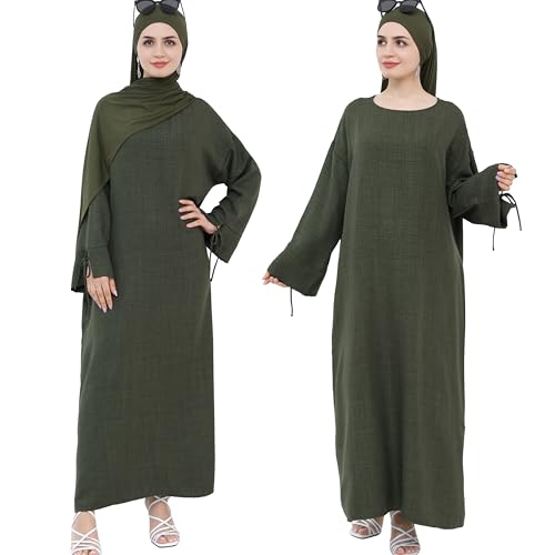 Women 1PC Abaya Dress Simple Kaftan Eid Dress for Women Muslim Casual Robe Fashion Jilbab Dubai Travel Outfits - color: Army Green, size: Large