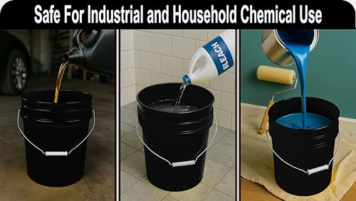 5-Gallon Bucket Only – No Lid Included, Made in USA, Food Grade BPA Free Plastic, Heavy Duty Multi-Use, Metal Handle with Grip, Stackable Storage – Black, 3 Pack - color: Black, size: 3