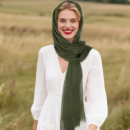 Nydotd Women Summer Cotton Linen Scarf Crinkle Long Beach Shawl Wrap hijab with Fringe - color: Army Green