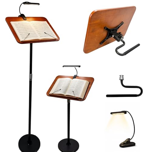 2 in 1 Multiplel-Use Music Stand with Light, Book Holder for Reading, Height Adjustable 18''-55'' Bible Shtender, Portable Podium Stand, Wood Table Stand for Laptop, Classroom, Church, Speech