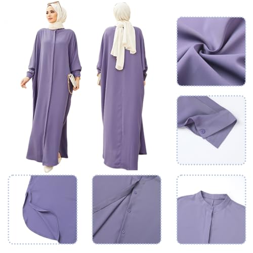 ODASDO Muslim Dresses for Women Abaya Button Down Henley Shirt Prayer Dress Batwing Long Sleeve Middle East Arabian Robe - color: Purple