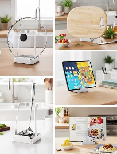 NiHome Pot Lid & Spoon Rest, Diatomite Tray Ladle Holder, Stove Top, White | Quick-Absorb Diatomite Base & Anti-Slip Silicone Pad Keep Counters Dry While Holding Lids & Utensils Upright - color: Medium White, size: with diatomite