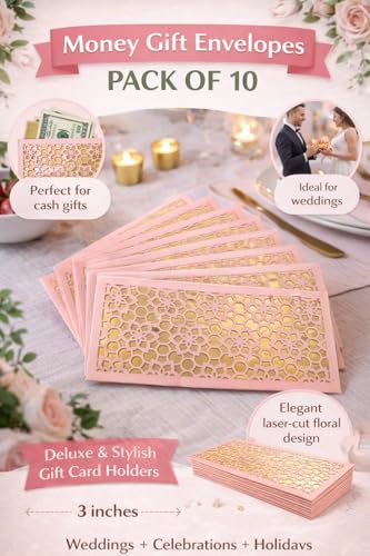 Laser Cut Money Envelopes Pack of 10, Blush Pink with Gold, Premium Cash Gift Envelopes, Shagun Lifafa for Weddings, Birthdays, Baby Shower, Graduation & Special Occasions
