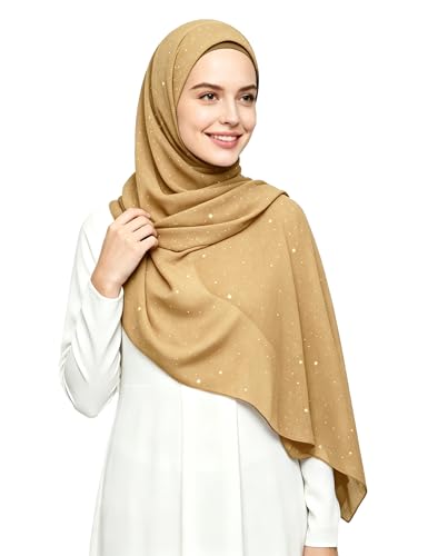 Lina & Lily Sparkle Shimmer Gold Glitter Women's Chiffon Hijab Head Scarf Shawl Wrap Lightweight - color: Camel