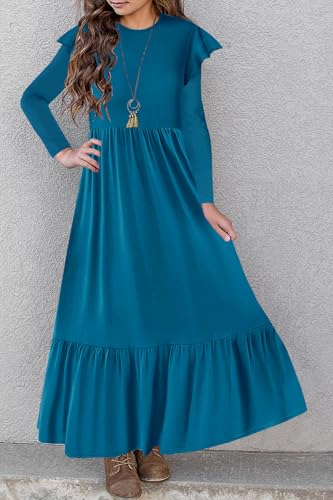 HOSIKA Girls Fall Ruffle Long Sleeve Crew Neck Loose Casual Flowy Tiered Maxi Dress with Pockets for 6-12 Y - color: Teal, size: 8 Years