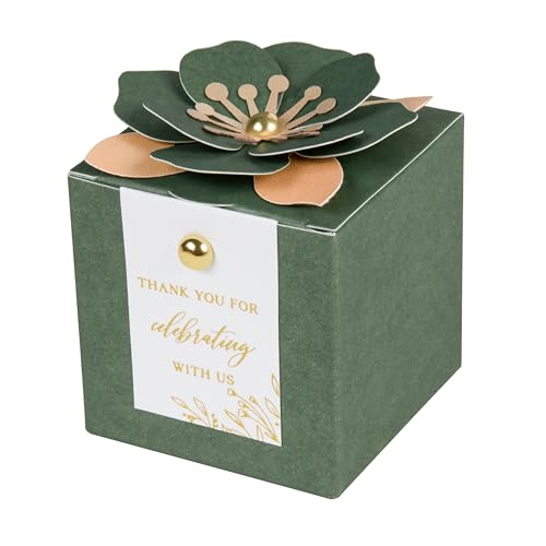 FEIYI 20 PCS Favor Boxes, 3 In 1 Olive Green Candy Boxes with Floral Decor, White Thank You Tags Gold Foil Print Gift wrapping for Wedding, Baby Shower, Birthday, Decorations Party - 2.55x2.55x2.55 - color: Olive Green, size: Small-(2.55")