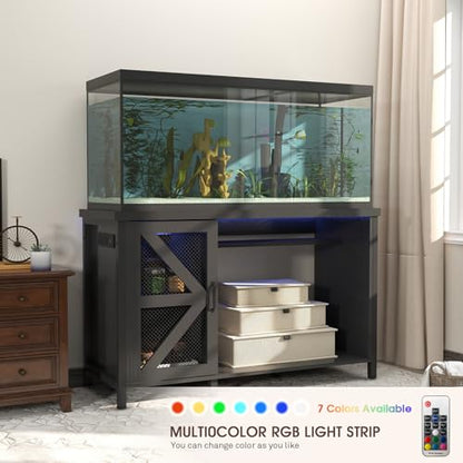 55-75 Gallon Aquarium Stand, Fish Tank Cabinet | Turtle Tank Stand, Power Outlets, LED Light, Adjustable Shelf, 52" x 19.7" Desktop, Heavy Duty Metal, 1100LBS Capacity, Black - color: Black