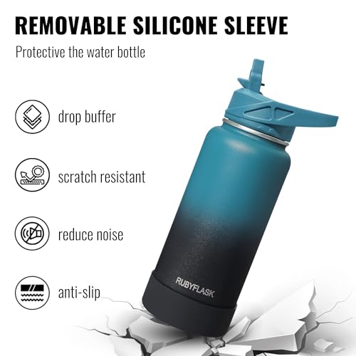 RUBYFLASK 40 oz Insulated Stainless Steel Water Bottle with Straw | 3 Lids, Wide Mouth, Metal Vacuum Leakproof Water Jug Flask and Handle, Large Thermal Cup with Silicone Boot, Armygreen - color: Army Green, size: 40 Ounces