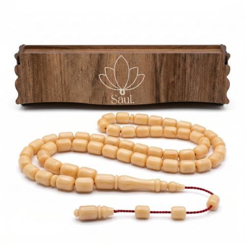 Saul Handmade 33 Beads Tasbih, Amber Phenolic Resin Islamic Prayer Beads with System Tassel, Pointed Capsule Cut Misbaha in Wooden Gift Box - color: Creamy Caramel