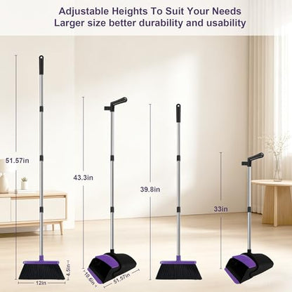Broom and Dustpan Set, Upright Purple Broom with Dustpan Combo Set 51" Long Handle, Self Cleaning Dust Pan for Home, Kitchen and Office - color: Purple, size: Standard
