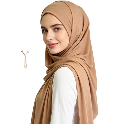 Jersey Hijab Scarf for Women,Lightweight Muslim Turban Head Scarf Modal Feel Hijab Coverings for Prayer with Clip - color: Bronze Skin
