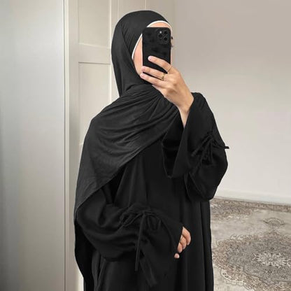 ABEWIP Muslim Dresses for Women Long Sleeve Tie Cuffs Islamic Prayer Dress Abaya Kaftan Dubai Casual Dress - color: Black, size: Small