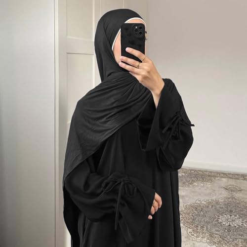 ABEWIP Muslim Dresses for Women Long Sleeve Tie Cuffs Islamic Prayer Dress Abaya Kaftan Dubai Casual Dress - color: Black, size: Medium