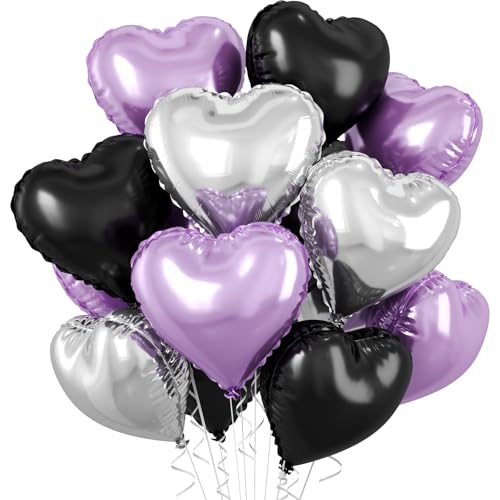Purple Black Heart Balloons, 10PCS Silver Foil for Goth Princess Birthday - color: Black Purple