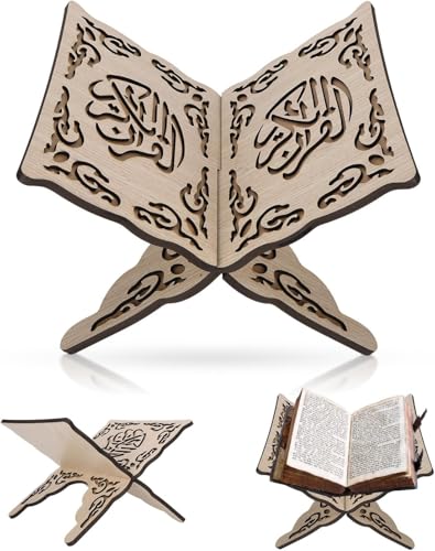 1Pcs Wooden Folding Book Stand with Carved Design | 13.8in/35cm Wide, Collapsible Holder for Quran & Bible, Hands-Free Reading, Home Decor, Portable Bookshelf