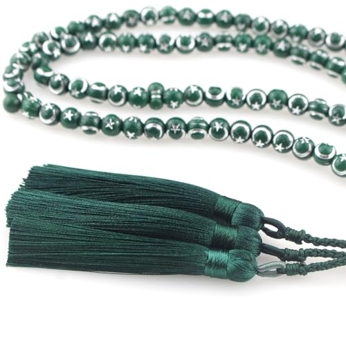 Muslims Islamic 99 Dhikr Tasbeeh Tasbih Prayer Beads, Green Resin Beads with Tassel