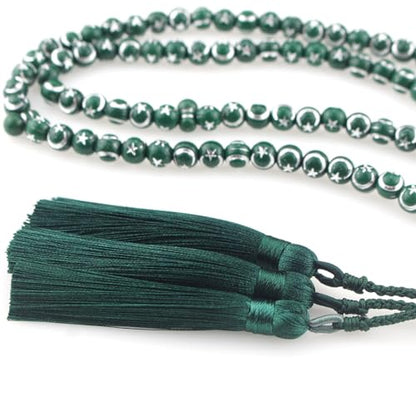 Muslims Islamic 99 Dhikr Tasbeeh Tasbih Prayer Beads, Green Resin Beads with Tassel