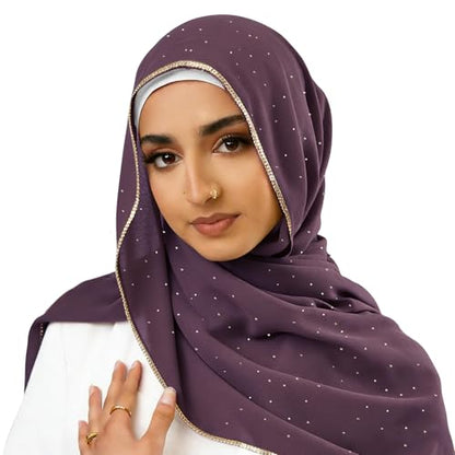 Hijab Scarf for Women Soft Chiffon Rhinestone Long Scarf Shawl Fashion Muslim Hijab Head Wrap Scarves - color: Purple