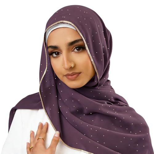 Hijab Scarf for Women Soft Chiffon Rhinestone Long Scarf Shawl Fashion Muslim Hijab Head Wrap Scarves - color: Purple