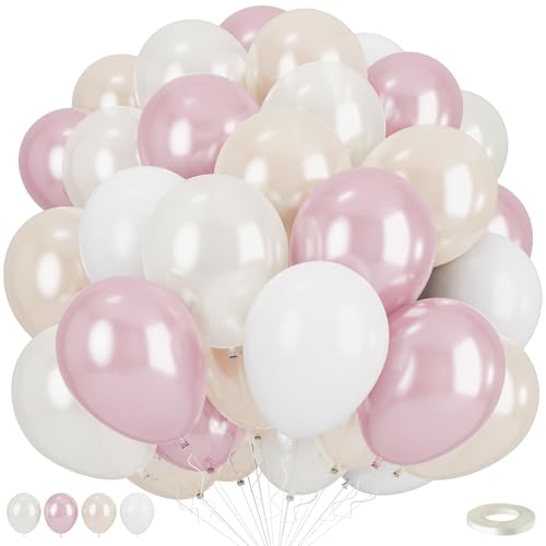 Double Stuffed Pearl White and Pink Balloons, 50pcs Double Stuffed Pearl Sand White Dusty Retro Pink Latex Balloons for Women Girls Boho Birthday Party Baby Shower Bridal Shower Wedding Engagement - color: Double Stuffed Pearl White
