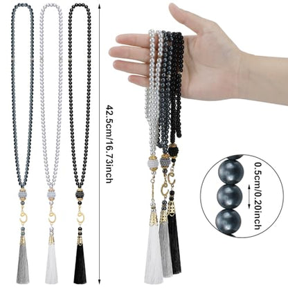 Jiuguva 6 Pcs Kufi Hats for Men Muslim Hat and Prayer Beads Set Stretchy Taqiyah Cap Large Head Sizes and Tasbih Beads - color: Classic