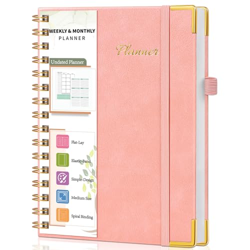 Undated Weekly Planner, Hardcover Leather Weekly & Monthly Calendar Blank Planner, To Do List Notebook with Goal & Habit Tracker Organizer, A5 Daily Planner with Spiral Binding, Ideal for Work School Home, Pink - color: Pink