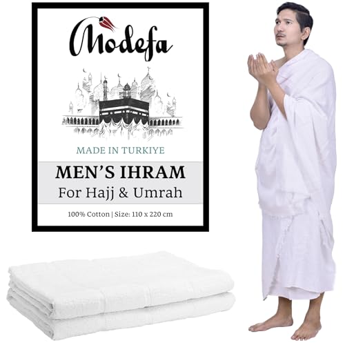 Modefa Ihram for Umrah Men Towel Set - Comfortable Unsewn Ahram Hajj Essentials for Men Umrah Essentials Ehram - 110 x 220cm per Towel 2 Towels Turkish 100% Cotton 1500 Grams (Ihram + Belt + Booklet) - style: Ihram + Belt + Booklet