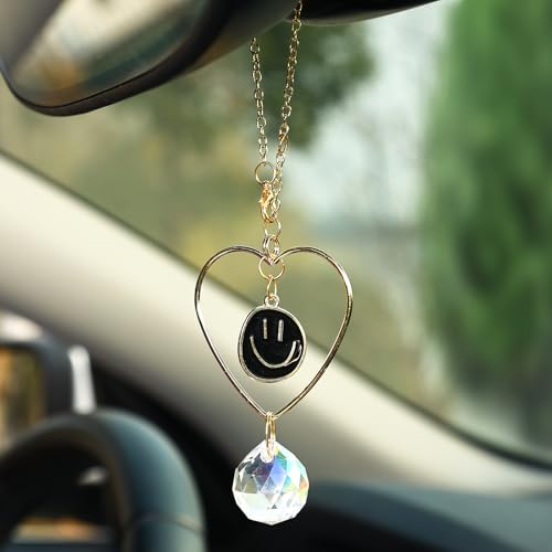 Car Rear View Mirror Accessories, Black Smiling Face Boho Hanging Ornament Rearview Decor Charm Handmade Beaded Crystal Heart Swinging Interior Decor for Women Men - color: Black Smiling Face