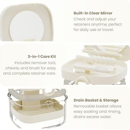 Denture Case Retainer Cleaning Case with Retainer Removal Tool and Brush, No-Leak Denture Bath Box Cup, Complete Clean Care for Clear Braces, Mouth Guard, Night Guard & Retainers (White)