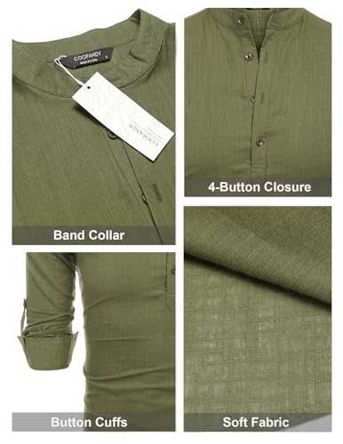 COOFANDY Men's Cotton Linen Henley T-Shirt Long Sleeve Hippie Casual Beach T-Shirts - color: Army Green, size: Medium