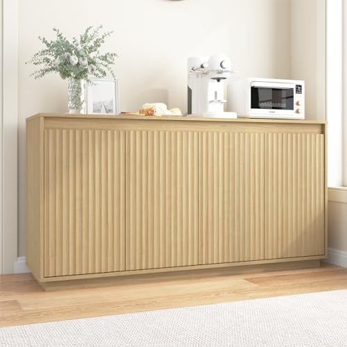 Fluted Sideboard Buffet Cabinet with Storage,Kitchen Sideboard with Doors and Charging Station, Accent Storage Credenza Cabinet,Coffee Bar Station for Dining Room,Entryway - color: Natural